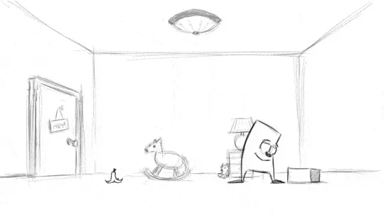 Digital 2D animation of character walking through play room, being scared by a jack-in-the-box, and tripping on a banana peel